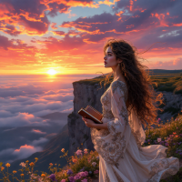 A woman in a flowing white dress stands on a cliff at sunset, holding a book. Vibrant colors fill the sky, symbolizing the courage to chase dreams as she gazes into the horizon.