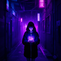 A hooded figure stands alone in a dimly lit alley, illuminated by vibrant neon lights, holding a glowing device that reflects the theme of isolation and the struggle for understanding.