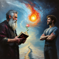 A wise, bearded man holds a book with a rose, facing a younger man. They stand against a cosmic backdrop, symbolizing the choice between discipline and regret from a powerful quote.