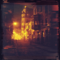 A dimly lit, nostalgic street scene at night, featuring old buildings and a glowing street lamp, evoking the essence of the past's influence on our identity.