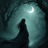 A mysterious figure draped in dark fabric stands in a shadowy, enchanted forest, gazing at a glowing crescent moon, embodying the quote about fear and ignorance of the unknown.