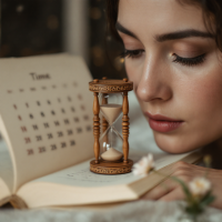 A young woman gazes thoughtfully at an hourglass resting on an open book, with a calendar blurred in the background, symbolizing different layers of time.
