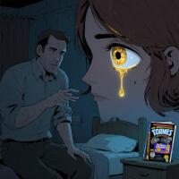 A glowing golden eye-shaped light, resembling a bright spot in the corner of a woman's eye, drips a liquid glow as a man gestures toward her beside a trivia book on a nightstand.