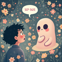 A boy gazes at a ghostly figure labeled SCP-3125 surrounded by flowers, symbolizing the deadly connection between fully perceiving SCP-3125 and its perception of the observer.