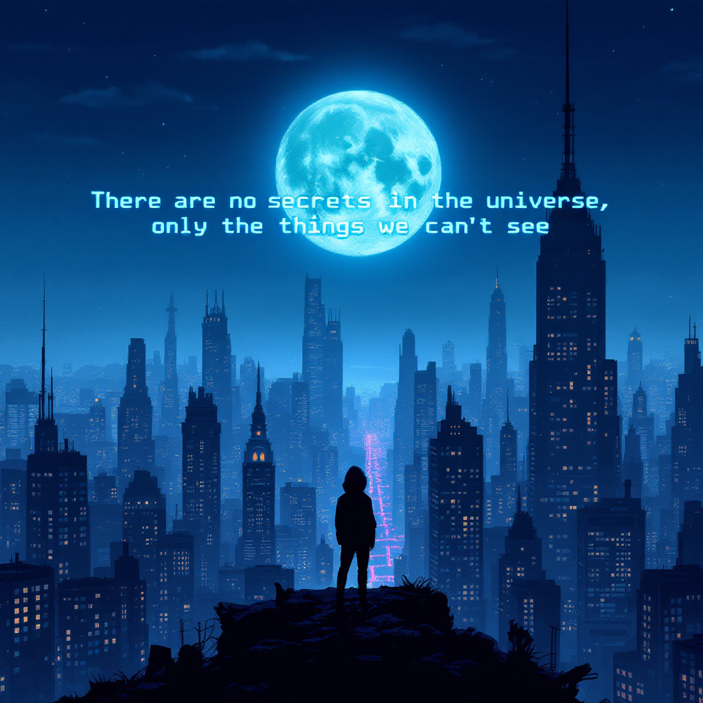 A silhouetted figure stands before a moonlit skyline, with towering skyscrapers under a bright full moon. The quote, There are no secrets in the universe, only the things we can't see, overlays the image.