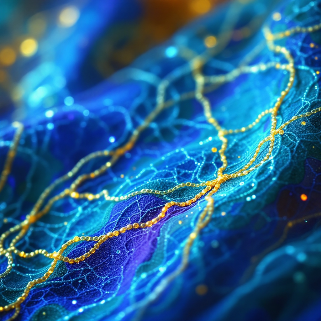 Abstract blue and gold waves intertwine, symbolizing the interconnectedness of joy, pain, and resilience, as though threads are woven into a rich tapestry of life.