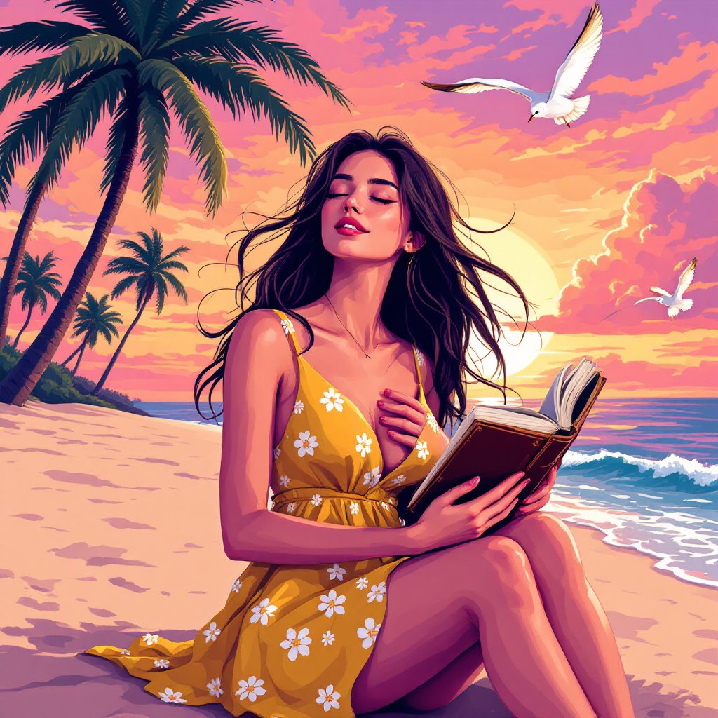 A woman in a yellow floral dress sits on a beach at sunset, reading a book. Palm trees frame the scene, while seagulls soar above, embodying the essence of personal happiness.