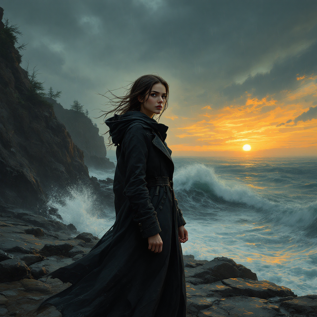 A lone figure stands on a rocky shore, facing turbulent waves and a dramatic sunset, embodying resilience and self-discovery in a time of crisis.