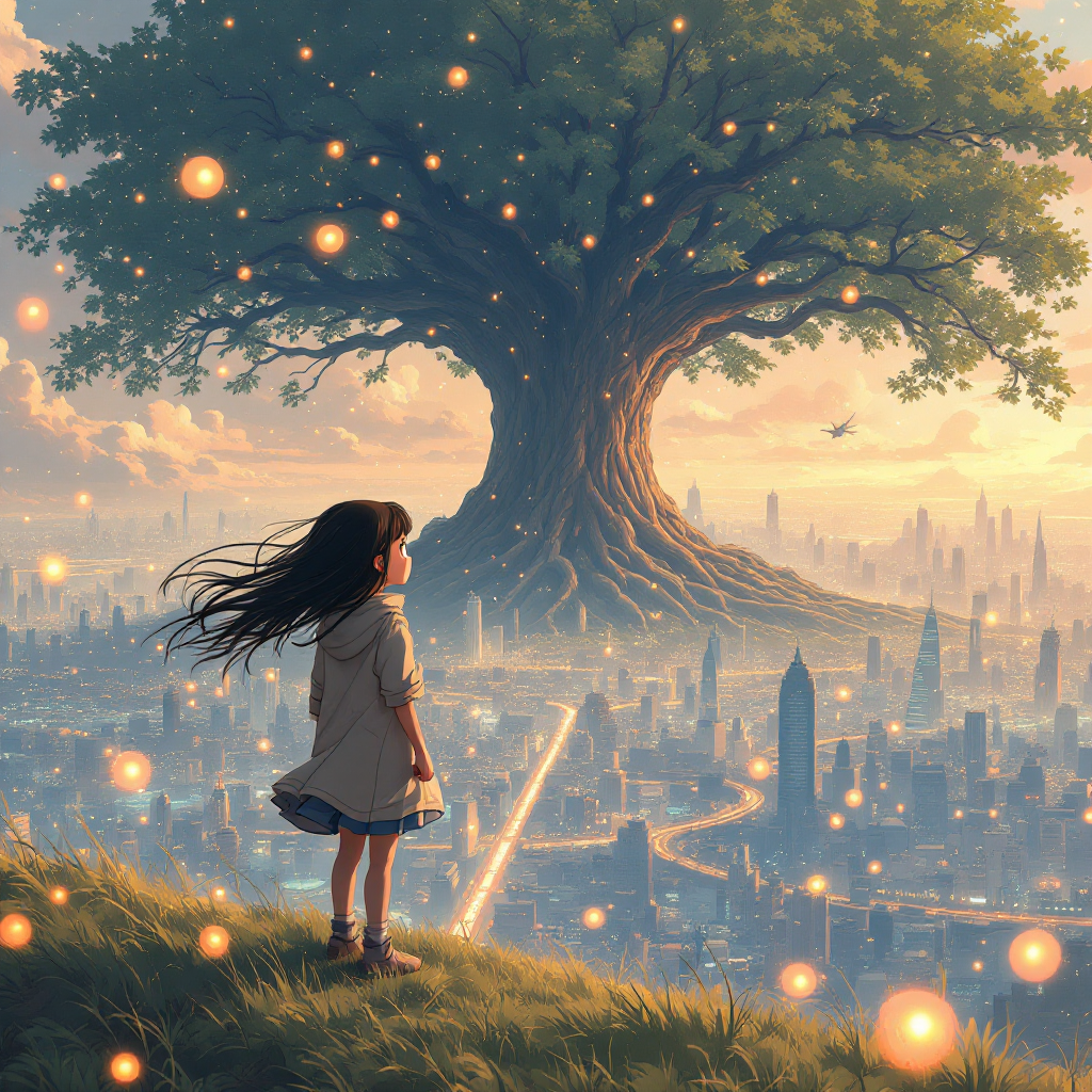 A girl stands in awe before a magnificent tree overlooking a futuristic city, embodying the idea that humanity's future is shaped by ambition, not intellect. Glowing orbs float around her.