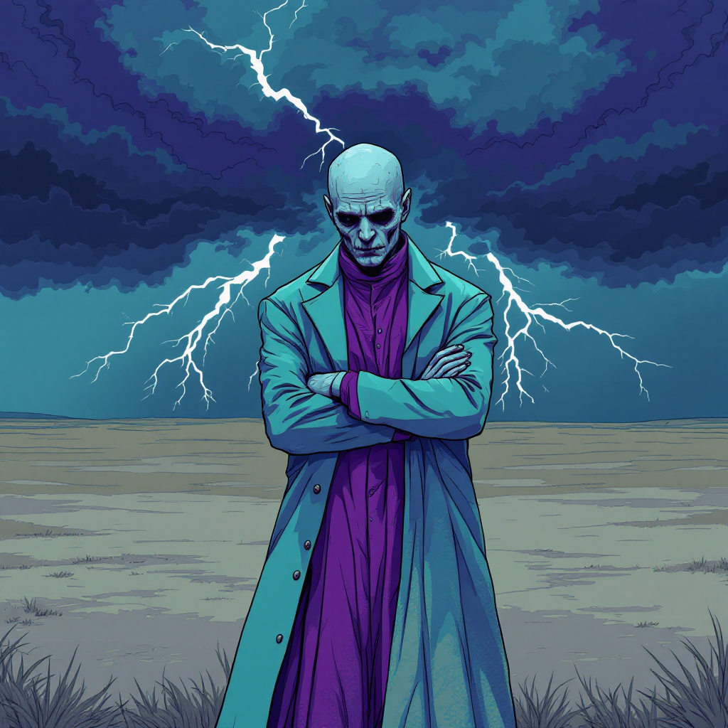 A skeletal figure in a long teal coat stands confidently against a stormy sky, with dark clouds and lightning, embodying the struggle with death and mortality.