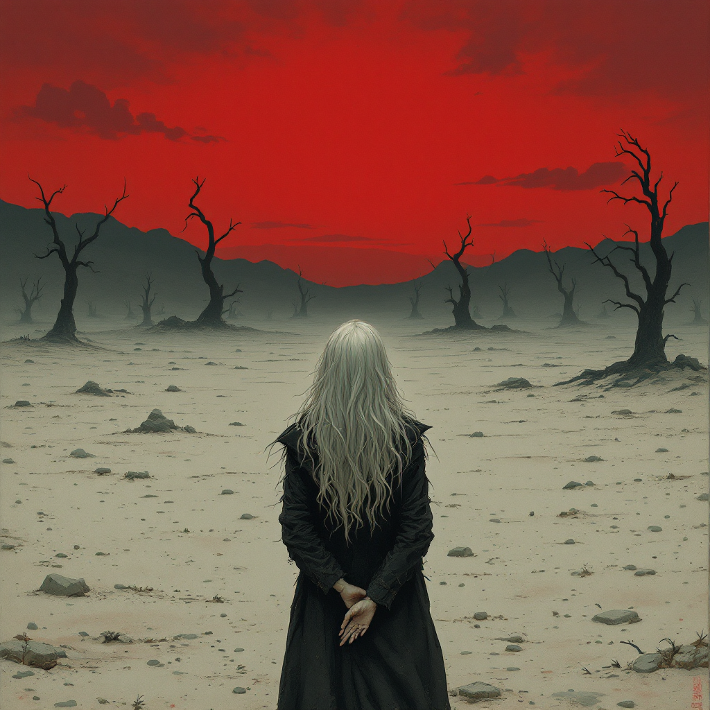 A figure with long white hair stands in a barren landscape, gazing at a dramatic red sky, embodying the essence of freedom found in loss. Dead trees punctuate the desolate scene.