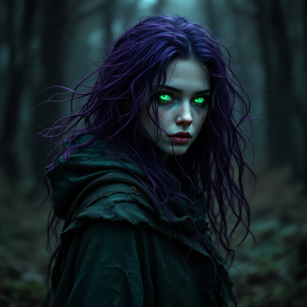 A figure with long, disheveled purple hair and glowing green eyes stands in a misty forest, embodying the concept of transformation and sacrifice suggested by the quote.