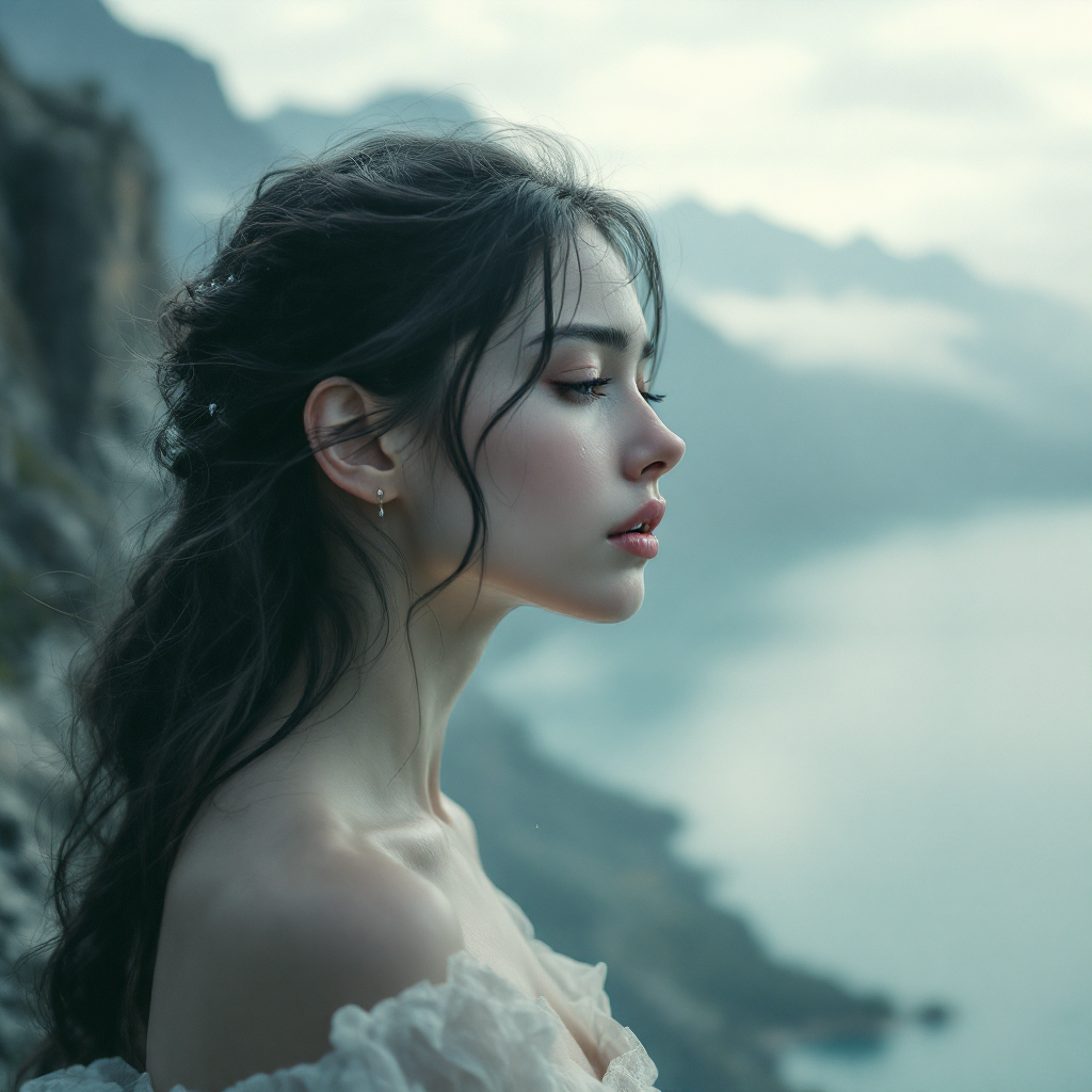 A serene woman gazes thoughtfully into the distance, embodying resilience against a backdrop of misty mountains and a tranquil lake, reflecting on shaping pain without being defined by it.