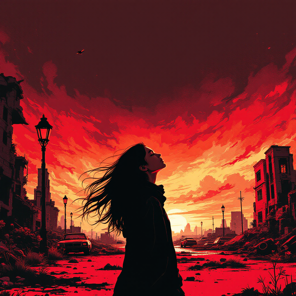 A silhouetted figure stands in a desolate urban landscape under a dramatic red sky at sunset, embodying resilience amidst a backdrop of destruction, reflecting on the quote about endings.