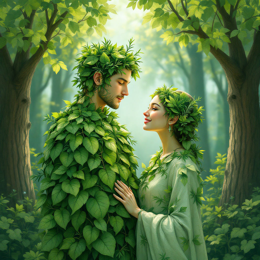 A couple stands closely in a lush, green forest, both adorned with leaves and flowers. The scene embodies love and care, reflecting the quote about men taking care of their wives.