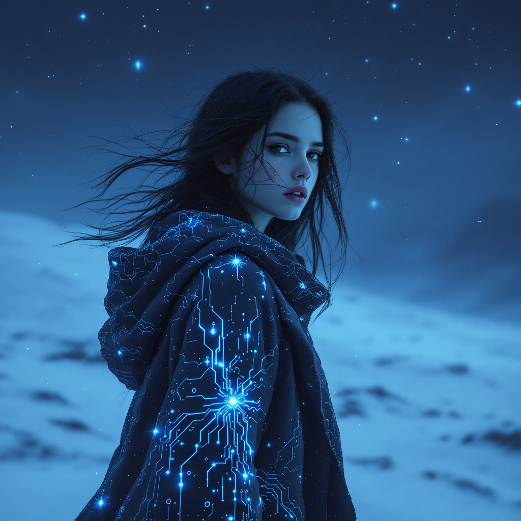 A young woman stands in a snowy landscape, her hoodie illuminated with glowing circuitry patterns, surrounded by a starry night sky, embodying the struggle to shape the future amid a challenging past.