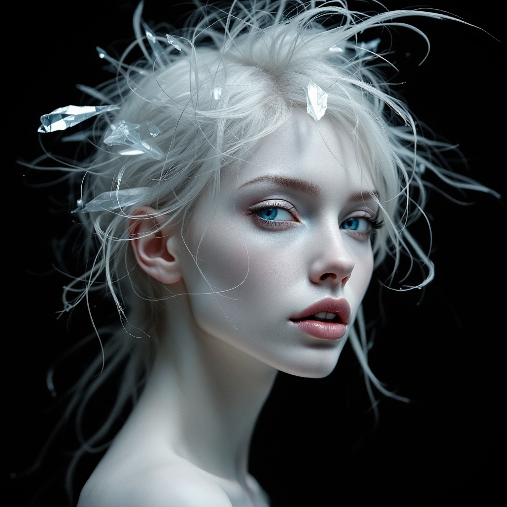 A striking portrait of a young woman with pale hair twisted and adorned with shards, gazing intently at the viewer, reflecting a sense of breaking free from constraints.