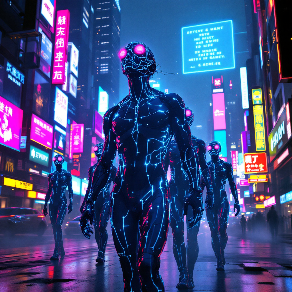 A group of futuristic humanoid figures with glowing circuitry walk through a vibrant, neon-lit cityscape, embodying the uncertainty of life’s next move.