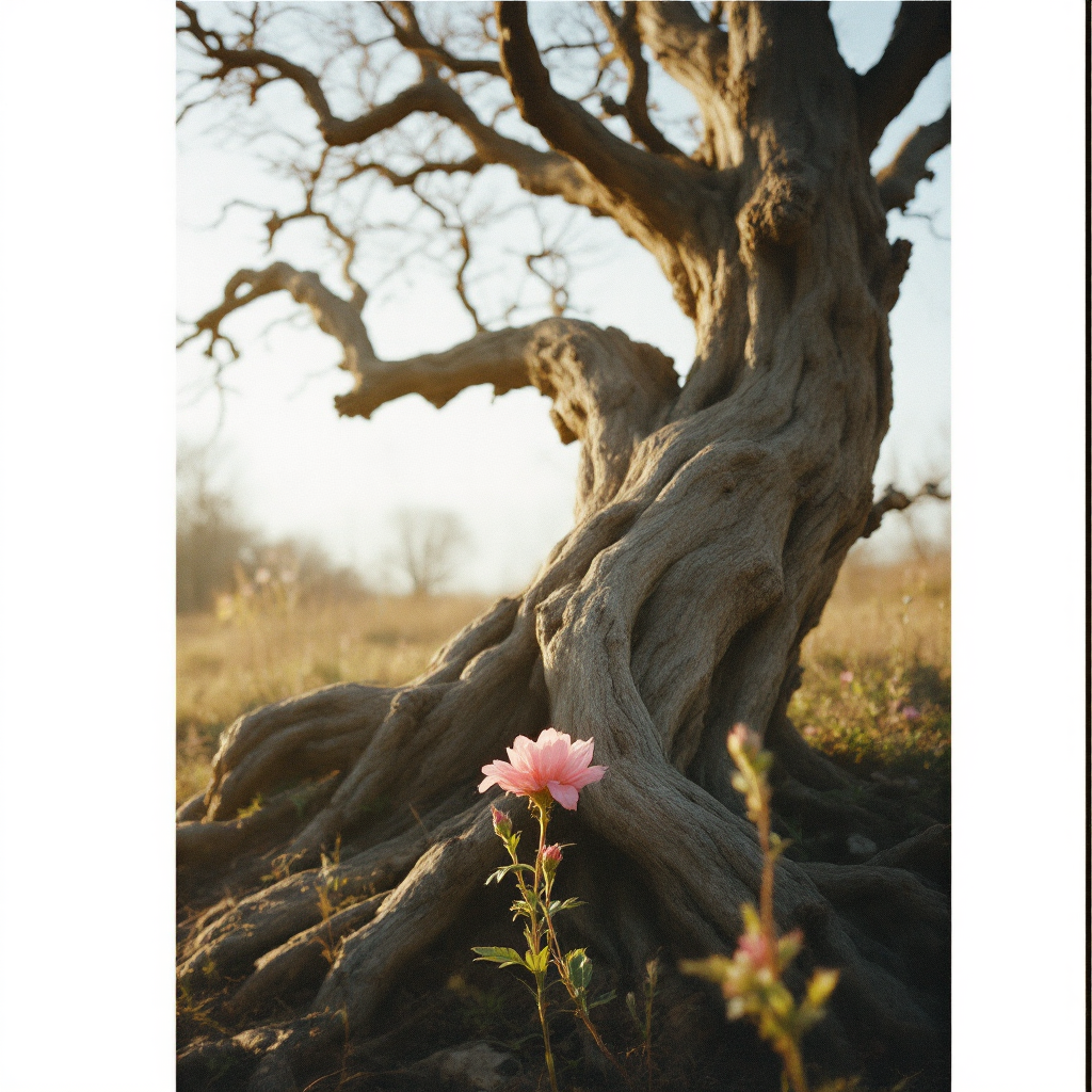 A gnarled, weathered tree stands prominently in a field, with a delicate pink flower blooming at its base, illustrating growth and resilience in nature.