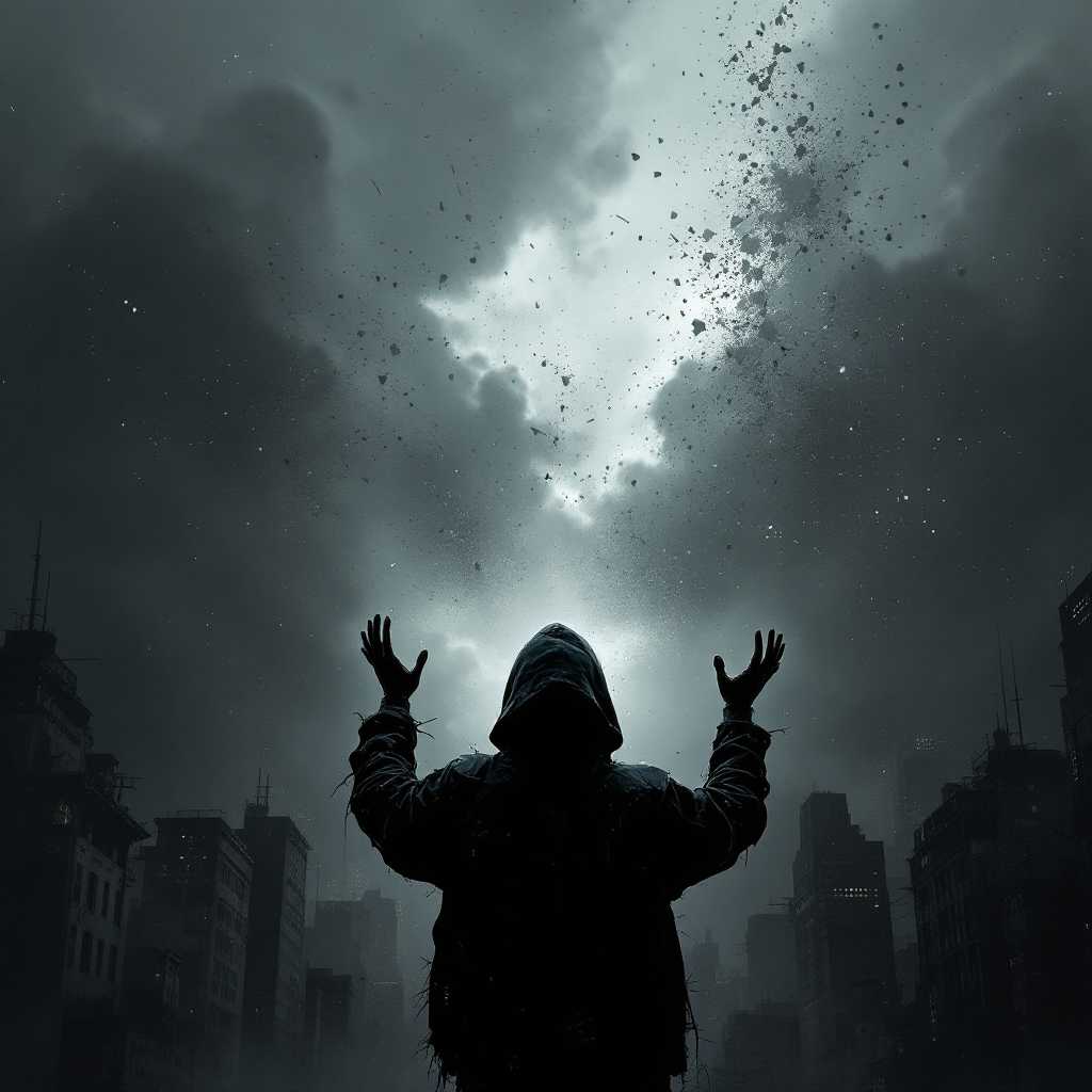 A figure in a hooded jacket stands in a desolate cityscape, arms raised toward a turbulent sky. Dark clouds swirl above, capturing the uncertainty of the future and vulnerability to the unknown.