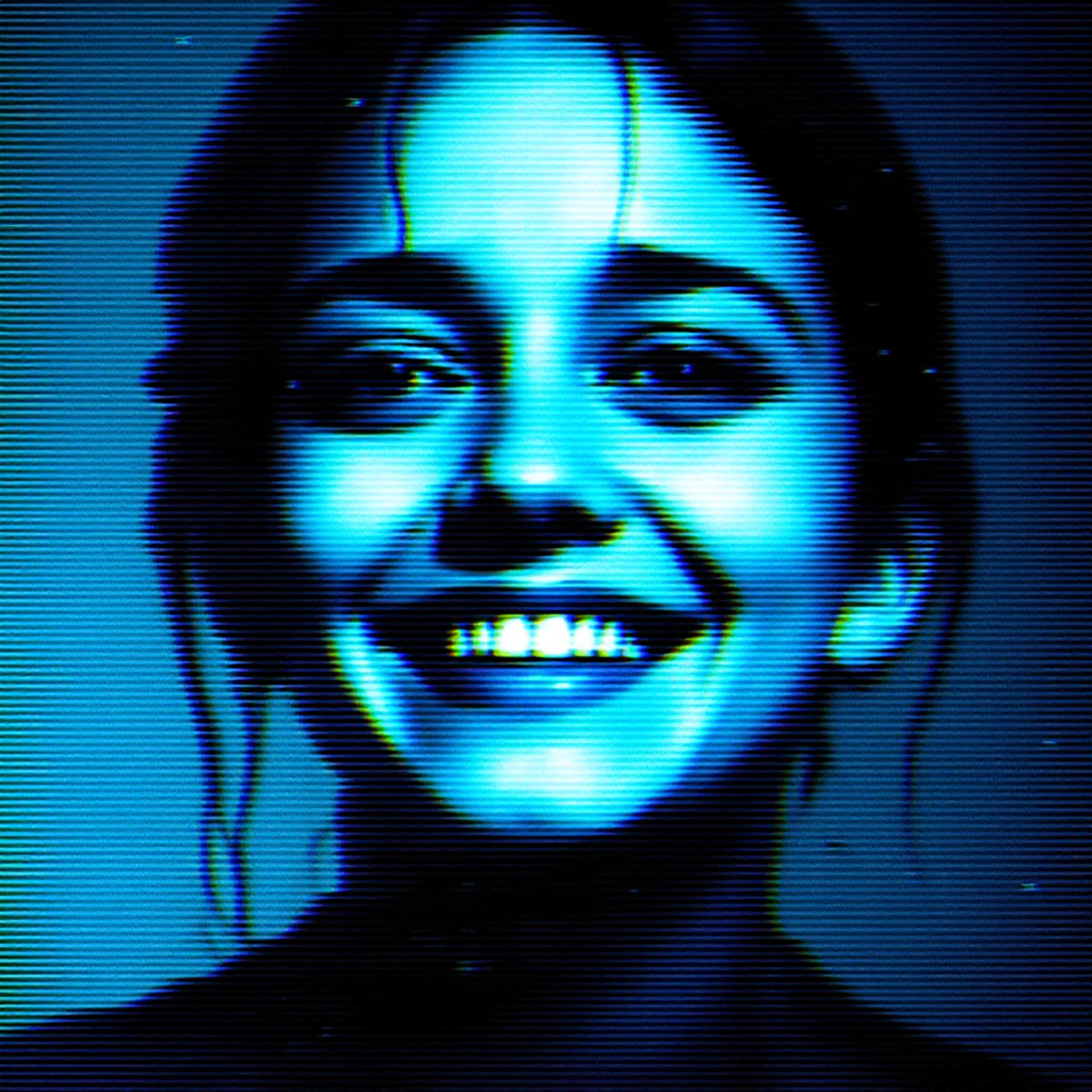 A glowing blue-tinted portrait of a woman smiling warmly, embodying the essence of the quote Happiness is never grand through her genuine expression.