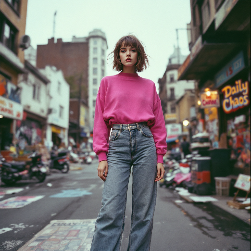 A young woman in a vibrant pink sweater stands confidently in a chaotic urban street, embodying the tension between hope for change and the reality of daily disorder.