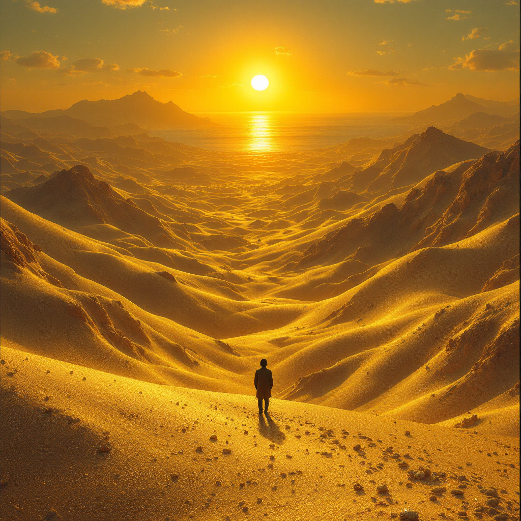 A solitary figure stands on a golden sandy landscape, gazing at a breathtaking sunset that illuminates distant mountains and the shimmering sea, evoking a sense of wonder and awareness.