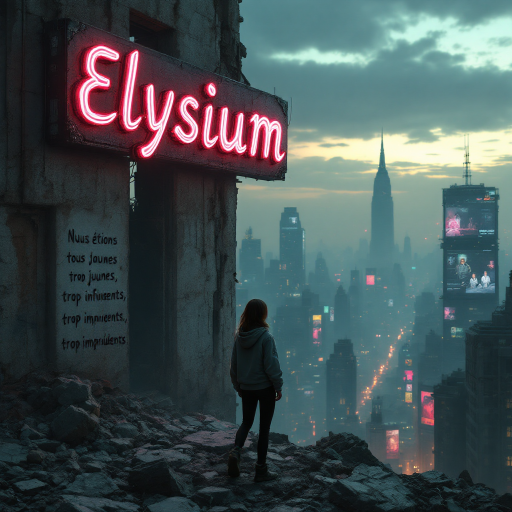 A figure stands amidst a desolate urban landscape, gazing out at a neon-lit cityscape, embodying the themes of youth, naivety, and recklessness, as evoked by the quote.