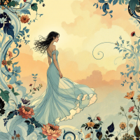 A woman in a flowing blue dress stands amidst floral motifs, gazing into a tranquil sky, embodying the spirit of individuality from the quote about choosing one's own path.