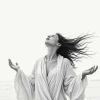 A woman in flowing white robes stands with her arms outstretched, her hair billowing in the wind, embodying the relentless and unyielding nature of love against a minimalist backdrop.