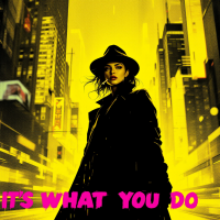 A figure in a black coat and hat stands confidently in a vibrant yellow cityscape, with the bold text IT'S WHAT YOU DO prominently displayed, emphasizing action over appearance.