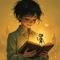 A young person smiles while reading a book, with a small robot holding a heart floating above the pages, evoking love and acceptance despite imperfections.