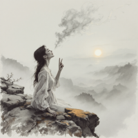 A serene woman sits on a rocky cliff, exhaling a wispy cloud of smoke as the sun rises through misty mountains, embodying the essence of hope as the most precious gift.