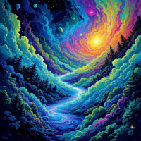 A vibrant cosmic landscape features swirling clouds in shades of blue, purple, and green, illuminated by a bright sun, suggesting the interconnected stories of the universe.