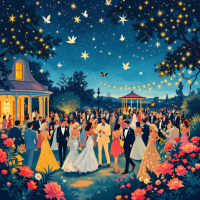 A vibrant evening scene in a garden filled with people dancing and socializing, under twinkling stars and fairy lights, capturing the essence of opulence and whimsy from the quote.