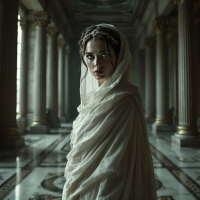 A mysterious woman in a white cloak stands in an ornate hall with tall columns, her intense gaze reflecting the quote, My names are many. No one knows who I really am.