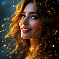 A radiant woman smiles warmly, illuminated by a soft glow and shimmering particles, embodying the essence of ardent admiration and love.