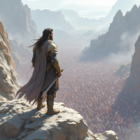 A lone warrior, dressed in ornate armor and cape, stands atop a rocky cliff, gazing down at a vast sea of soldiers, embodying the idea that willpower outweighs numbers in battle.