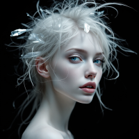 A striking portrait of a young woman with pale hair twisted and adorned with shards, gazing intently at the viewer, reflecting a sense of breaking free from constraints.