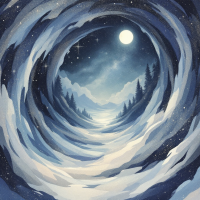 A swirling tunnel of snow and trees leads to a starry night sky, illuminated by a full moon, capturing the essence of the quote: The past never stays where it belongs.