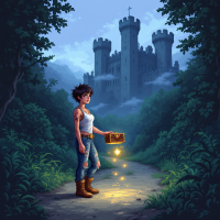 A young woman with a tattoo stands on a forest path, holding a glowing treasure chest, with a misty castle rising in the background, embodying the quote about luck versus skill.