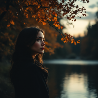 A thoughtful woman stands by a serene river, framed by autumn leaves, embodying the essence of remaining true to oneself amidst the world's influences.