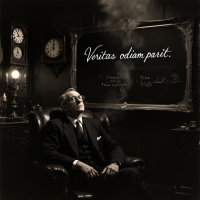 A contemplative man in a suit sits in a dimly lit room with vintage clocks, gazing at a chalkboard displaying Veritas odium parit, reflecting on truth and perception.