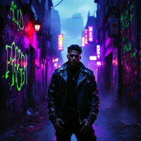 A figure stands confidently in a dimly lit alley, surrounded by vibrant neon graffiti, evoking a sense of choosing battles wisely in a visually striking urban environment.