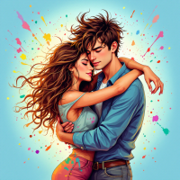 A romantic couple embraces amid a burst of colorful paint splatters, embodying the quote, Love is messy, but it’s worth the chaos, with warm expressions and vibrant energy.