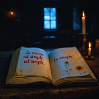 An open book rests on a table, illuminated by candlelight. Pages feature elegant script that reads La voir est simple, est simple with floral illustrations, evoking simple truths in storytelling.