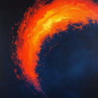 A wide arc of flickering reddish-orange light stretches across a deep blue sky, resembling multiple overlapping sunsets fading like a distant fire along the western horizon.