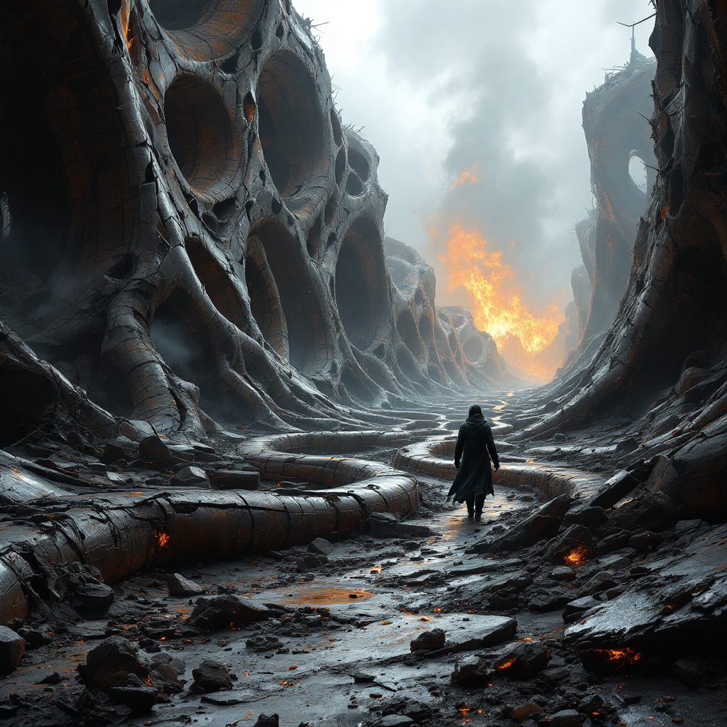 A lone figure walks through a desolate landscape of twisted metal and fiery ruins, embodying the chaos left by an Architect's overwhelming power.