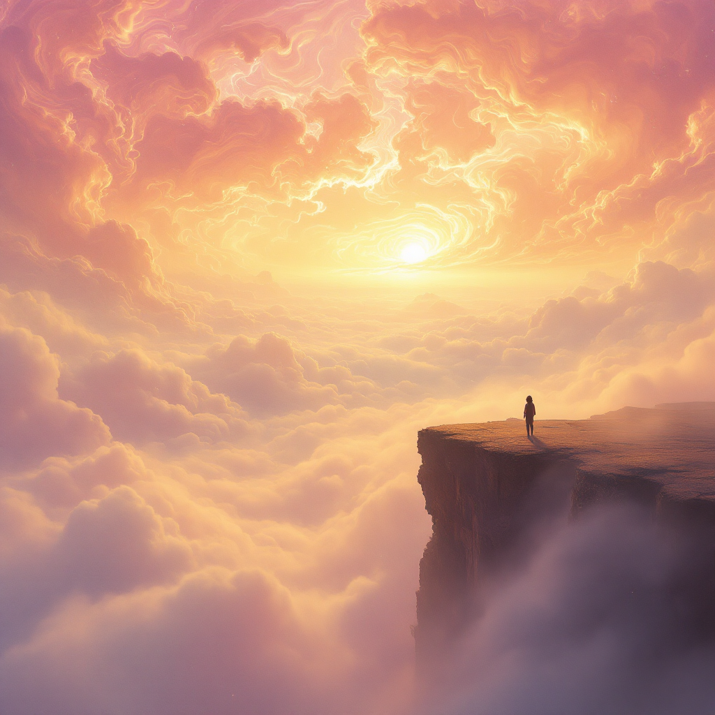 A figure stands on the edge of a cliff, gazing at a vibrant sunset glowing through swirling clouds, embodying the spirit of adventure beyond the horizon of known worlds.