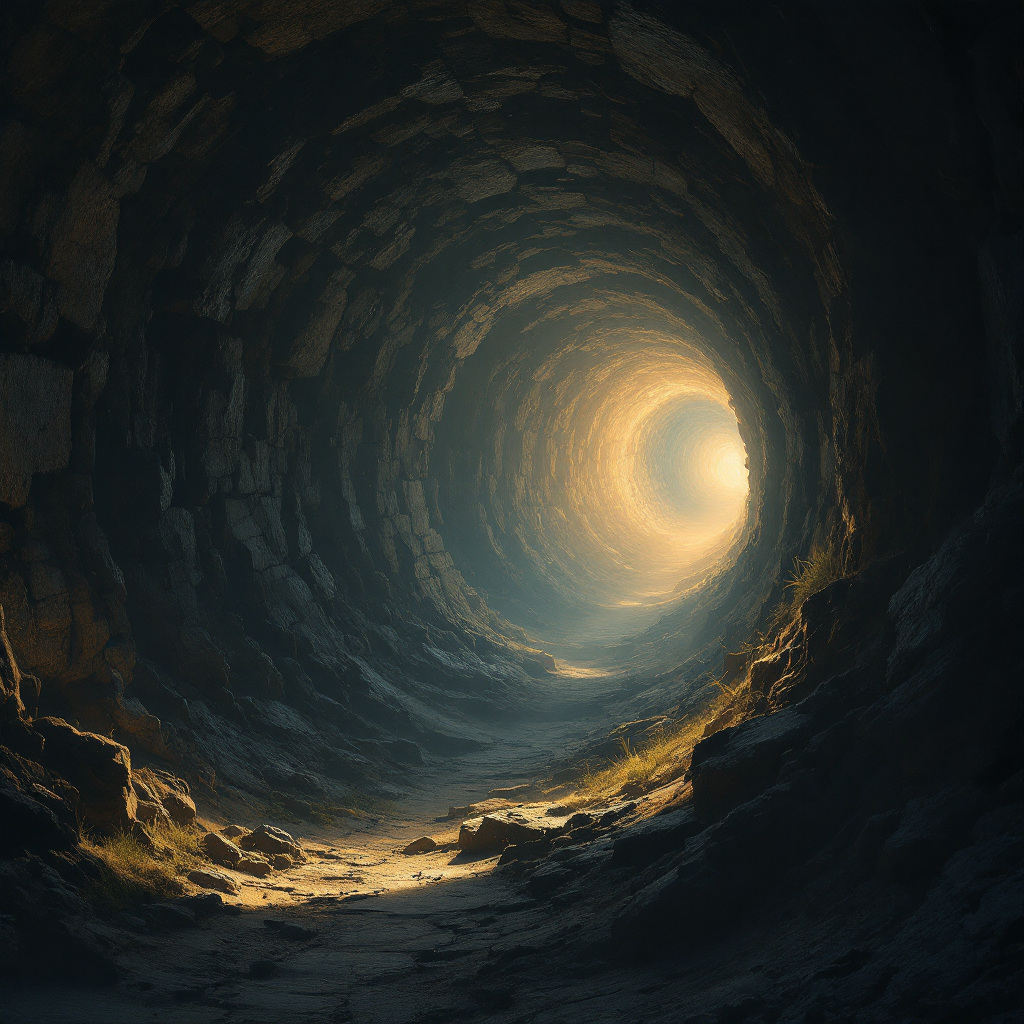 A dimly lit tunnel leads toward a bright light in the distance, symbolizing hope shining at the end of the darkest tunnels, as expressed in the quote.